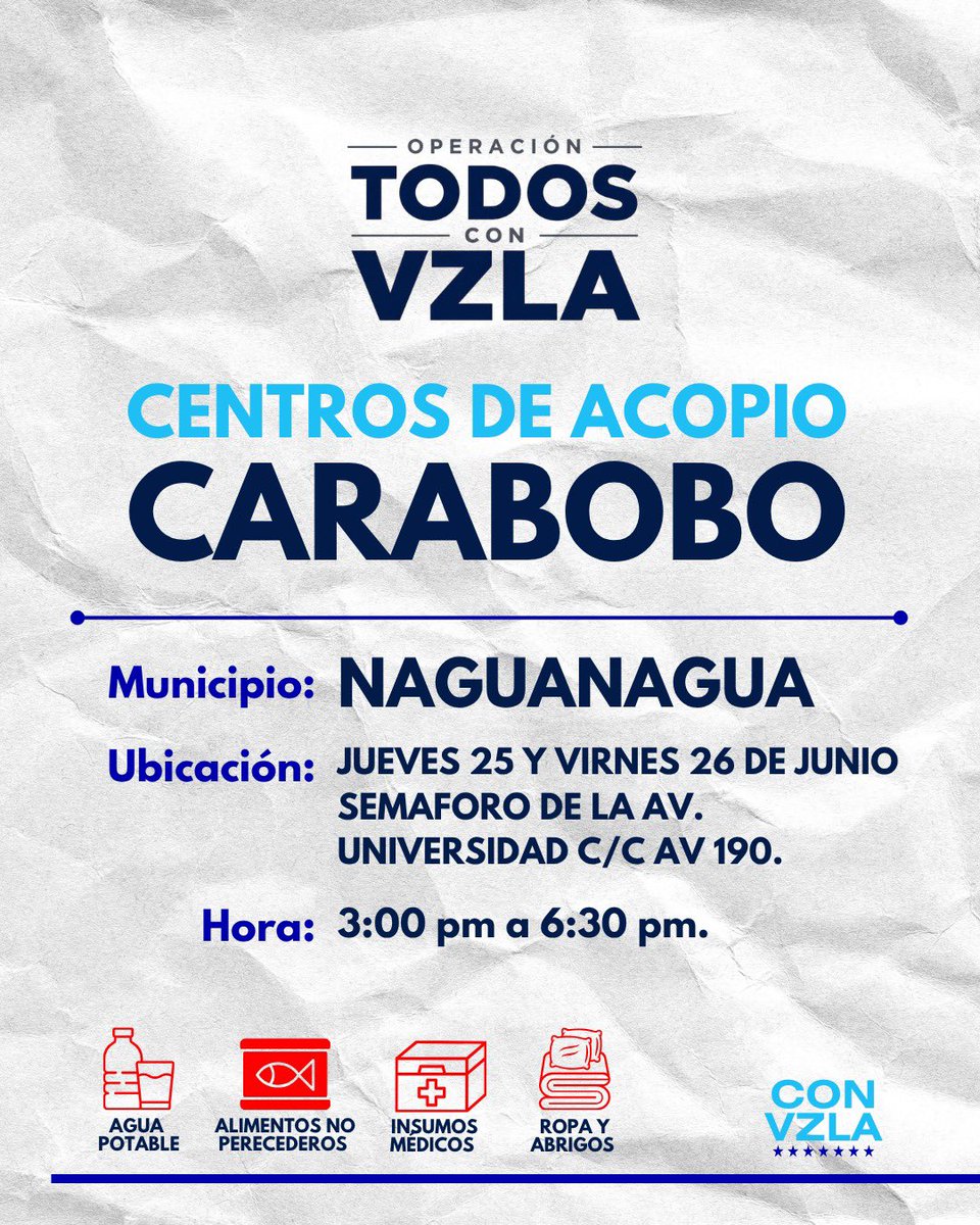 CaraboboConVzla's tweet photo. 📍#CARABOBO | OPERACIÓN TODOS CON VZLA 🇻🇪

🔵Puedes apoyar con: 
Agua, alimentos no perecederos, insumos médicos, ropa y abrigos, colchón, etc.

🧵Ubica el centro de acopio de tu municipio👇

📍Valencia - Naguanagua - San Diego - Guacara

#Terremoto https://t.co/6e46P9qw4c