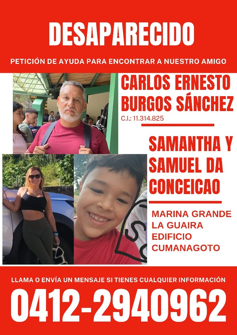 C4r1it472's tweet photo. @Dannocean Carlos Burgos C.I 11.314.825 está desaparecido, estaba en compañía de su esposa Samantha Da Conceicao y su hijo. La información que tenemos es que estaba en el Edificio Cumanagoto, La Guaira. No sabemos si logró salir. Si alguien tiene información, se lo agradecería enormemente. https://t.co/jX31hdZuBV