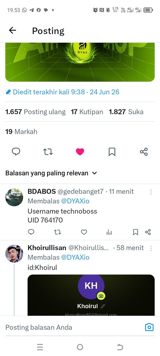 gedebanget7's tweet photo. @DYAXio Username technoboss 
UID 764170 https://t.co/r33aIhZPPg