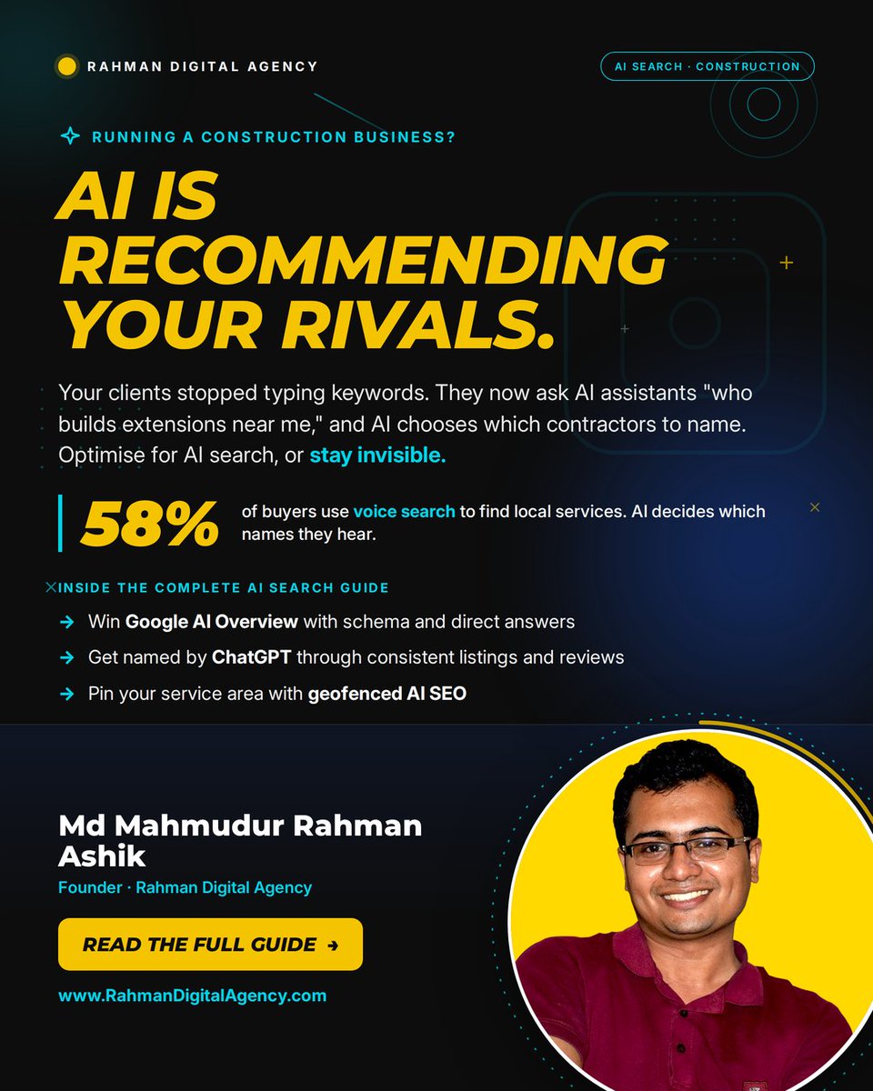AshikMahmudur's tweet photo. Your clients stopped typing keywords. Now they ask AI in plain words, "who is a reliable builder near me."

AI reads the intent and names a few contractors. 

My full guide to winning AI search for construction:
https://t.co/rQEquEiGxF

#AEO #AISEO #ConstructionBusinessTrends https://t.co/G3EkkjiJLD