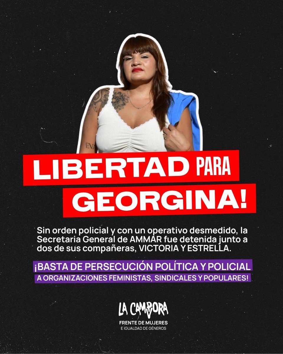 mujeres_lc's tweet photo. ¡LIBERTAD PARA GEORGINA! 

» Acompañamos desde ahora en Suipacha 150, CABA. https://t.co/wG0jtqFhlE