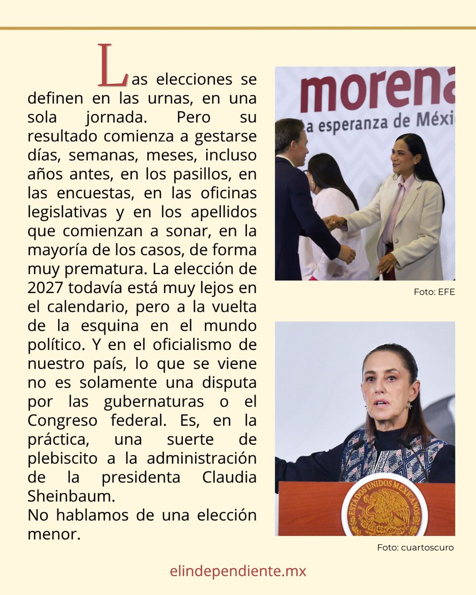 ElIndpendiente's tweet photo. #AgendadePoder
Las elecciones se definen en las urnas, en una sola jornada. Pero su resultado comienza a gestarse días, semanas, meses, incluso años antes, en los pasillos, en las encuestas, en las oficinas legislativas y en los apellidos que comienzan a sonar, en la mayoría de los casos, de forma muy prematura. La elección de 2027 todavía está muy lejos en el calendario, pero a la vuelta de la esquina en el mundo político. Y en el oficialismo de nuestro país, lo que se viene no es solamente una disputa por las gubernaturas o el Congreso federal. Es, en la práctica, una suerte de plebiscito a la administración de la presidenta Claudia Sheinbaum.
La #Opinión de @betoblizzard en #ElIndependienteMx