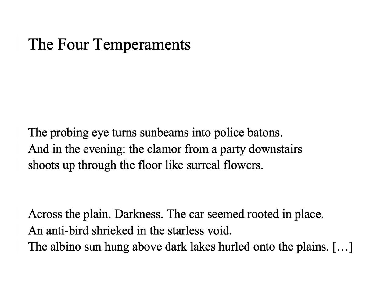 danielnemo's tweet photo. Read my new translation of 𝑇ℎ𝑒 𝐹𝑜𝑢𝑟 𝑇𝑒𝑚𝑝𝑒𝑟𝑎𝑚𝑒𝑛𝑡𝑠 by 𝐓𝗼𝐦𝗮𝐬 𝐓𝗿𝐚𝗻𝐬𝘁𝐫𝗼̈𝐦𝗲𝐫, from his book 𝐻𝑒𝑚𝑙𝑖𝑔ℎ𝑒𝑡𝑒𝑟 𝑝𝑎̊ 𝑣𝑎̈𝑔𝑒𝑛 (𝑆𝑒𝑐𝑟𝑒𝑡𝑠 𝑜𝑛 𝑡ℎ𝑒 𝑊𝑎𝑦).

https://t.co/ddWu6Dr8vV

#poetry #translation #Swedish #Transtromer https://t.co/gKpCgljnMn