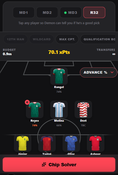 fpldemon_ai's tweet photo. 🔥Sneak Preview

Each player has an advance next round % for the qualification booster.

Demon then calculate's your expected points based on the percentages.

Will also advice if there are better options to consider overall

#wcfantasy https://t.co/hU5QCO0tiV