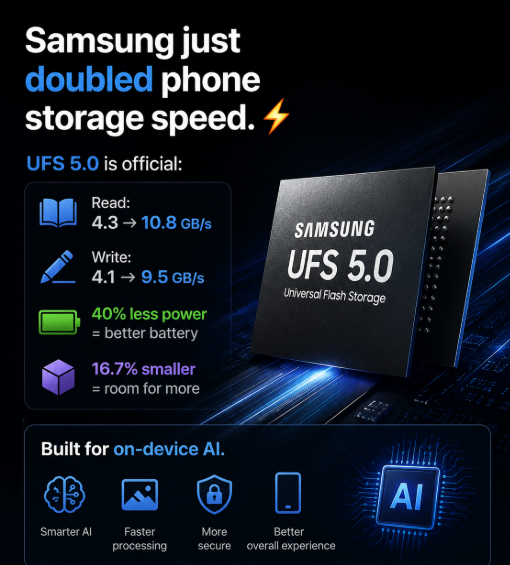 SpecScout_'s tweet photo. 🚨 Samsung just made smartphone storage 2× faster.

New UFS 5.0 delivers:

⚡ Up to 10.8 GB/s read speeds
⚡ Up to 9.5 GB/s write speeds
🔋 40% better power efficiency
🤖 Designed for next-gen AI phones
This could be one of the biggest hidden upgrades inside the Galaxy S27.
Most users won't notice the chip name.
But they'll definitely notice the speed.

#Samsung #GalaxyS27 #GalaxyAI