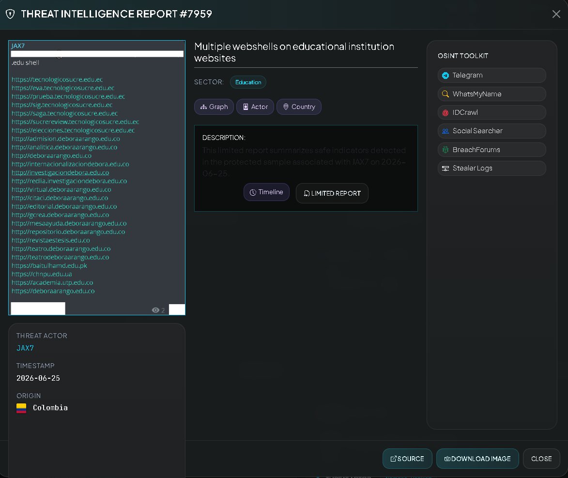 VECERTRadar's tweet photo. 🚨 CYBER INTELLIGENCE ALERT / ACCESS SALES: COORDINATED ACADEMIC SECTOR — LATIN AMERICA AND INTERNATIONAL 🇪🇨 🇨🇴 🇵🇰 🇺🇦

[STATUS: INITIAL ACCESS COMPROMISED / UNCONFIRMED / SOURCE: TELEGRAM]

ACTOR CLAIMS TO POSSESS INTERACTIVE WEBSHELL-TYPE ACCESS TO MULTIPLE UNIVERSITIES AND EDUCATIONAL PORTALS

Through passive monitoring activities on cybercrime channels and Telegram access marketplaces, a post forwarded from the BABAYO ERROR SYSTEM community by the operator JAX7 has been intercepted. As visually evidenced, a threat actor identified by the alias Pimzganteng claims to possess interactive shell access (.edu shell) to a list of network infrastructures and subdomains belonging to various higher education institutions, with a strong focus on Ecuador and Colombia, as well as assets in Pakistan and Ukraine.

🏢 Allegedly Affected Entities: Instituto Tecnológico Superior Sucre (Ecuador), Escuela Superior de Débora Arango (Colombia), Universidad Tecnológica de Pereira (Colombia), Bait-ul-Hamd (Pakistan), and the National Pedagogical University of Chernihiv (Ukraine).

👤 Threat Actor / Distributor: Pimzganteng

⚔️ Potential Attack Vector: Injection or illicit loading of web scripts (malicious webshells such as PHP, JSP, or ASPX) by exploiting vulnerabilities in Virtual Learning Environments (VLEs/Moodle), remote code execution (RCE) flaws in their outdated CMS, or compromise of administration panel credentials.

🔍 Verification Status: UNCONFIRMED. The message exposes a target list, but does not include logs of executed commands, extracted source code fragments, or captures of web terminals that would validate the active intrusion. The listed institutions have not registered any official public incidents as of June 25, 2026. However, the alert is classified as Medium-High Operational Severity due to the potential use of these servers as propagation bridges.

🗂️ FORENSIC ANALYSIS OF EXPOSED ENVIRONMENTS AND SUBDOMAINS

The detailed inventory reveals the profiling and logical mapping of specific subdomains that manage academic life, data storage, and internal processes of the institutions:

🇪🇨 1. Core Infrastructure of the Instituto Tecnológico Superior Sucre (Ecuador)

The attacker lists a widespread compromise across the core domain and six critical subdomains of the network of:

https://t.co/1SwYWaUgbM:

https://t.co/a4DEtCt5Tf: Virtual Learning Environment (interactive platform for students and professors).

https://t.co/5eIICARoan / https://t.co/Tpho1Qbz2M: Integrated Academic and Institutional Management Systems, responsible for managing records, grades, and personal data.

https://t.co/pcjjS2CtRp / https://t.co/PqLjOpqUR2 / sucrereview...: Internal student voting portals, exposed development or testing environments, and document review systems.

🇨🇴 2. Débora Arango University Institution Services Network (Colombia)

The list presents an extensive mapping of up to 12 subdomains of the https://t.co/2Ef5PcidbX domain and associated platforms, encompassing diverse operational flows:

Admissions and Classroom Management: https://t.co/MuR1xqhrxC and https://t.co/9QL80XWiSc.

Research, Repositories, and Publishing: https://t.co/SaIO3446uU, https://t.co/4wcxM3Tk30, https://t.co/R521JeMgoJ, and the indexed journal https://t.co/GcaH1n2f9k.

Support Systems and Culture: https://t.co/i7DqgDXCjo, https://t.co/1OqsMgvs5K, analitica..., citaci... and portals dedicated to the theater field.

🇵🇰 🇺🇦 3. Additional and International Assets
https://t.co/LuCnNNKodk (Colombia): Academic access and grade portal of the Technological University of Pereira.

https://t.co/eZCFAU83yg (Pakistan): Servers of the Bait-ul-Hamd Educational Institute.

https://t.co/EbG0dD2TOi (Ukraine): Official website of the T.G. Shevchenko Chernihiv National Pedagogical University.

🛡️ RECOMMENDED TECHNICAL RECOMMENDATIONS FOR IT TEAMS (ACADEMIC SOC)

🛑 Forensic Audit of Recent Files and HTTP Requests (SOC Action): Network administrators at affected institutions are urged to prioritize inspecting their web server access logs. Look for anomalous concurrent requests (especially POST requests) directed to common file upload folders (such as Moodle assignment directories, /uploads/, /images/, /tmp/) and to files with executable extensions like .php, .jsp, .aspx, or hidden files.

🔍 Deployment of File Integrity Monitoring (FIM): Run integrity analysis tools to scan the root directories of web platforms, isolating and immediately removing unauthorized scripts uploaded in recent weeks.

📊 MONITORING AND EVALUATION

Intelligence System: https://t.co/wk9bZJ2Nli

Quickly assess your website's security with: https://t.co/QZhWp0kFrO

#CyberSecurity #EduShell #InitialAccess #Webshell #UniversityBreach #Ecuador #Colombia #MoodleLeak #EVASucre #DeboraArango #UTP #ThreatIntelligence #CyberAlert #VECERT #Infosec #UnverifiedAccess