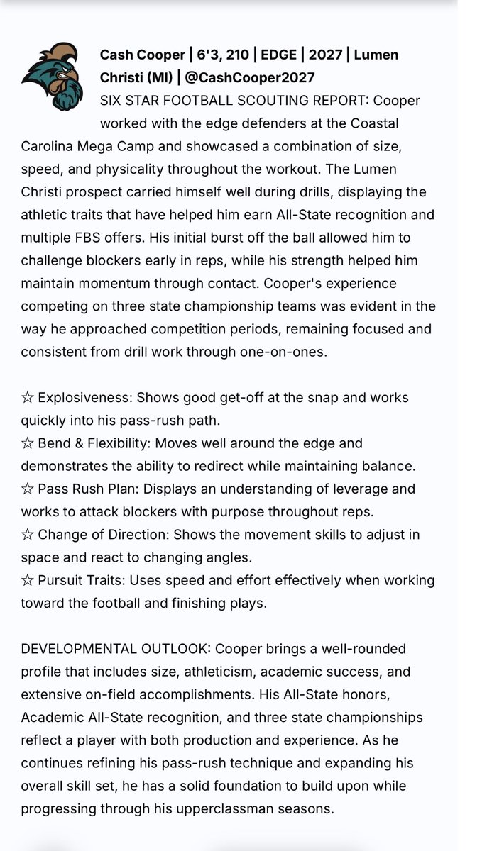 CashCooper2027's tweet photo. Thank you to @sixstarfootball for the write up from the @CoastalFootball camp. Had a great day in Conway and appreciate the kind words!

@AllenTrieu @JasonKillop @EthanmMcDowell @TheD_Zone
@Belite_training @Coachvon05
@DOFRecruiting @michfbfrenzy
@BigMadonski @AndrewSchulte33
@Titan78378009 @BallAtTheBeach