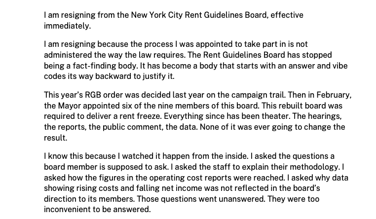 JosieStratman's tweet photo. Rent Guidelines Board member Christina Smyth just resigned from the board — hours before they were slated to vote on whether to enact Mayor Mamdani's rent freeze promise. 

This rebuilt board was required to deliver a rent freeze. Everything since has been theater," she wrote. https://t.co/kBM7knYGv4
