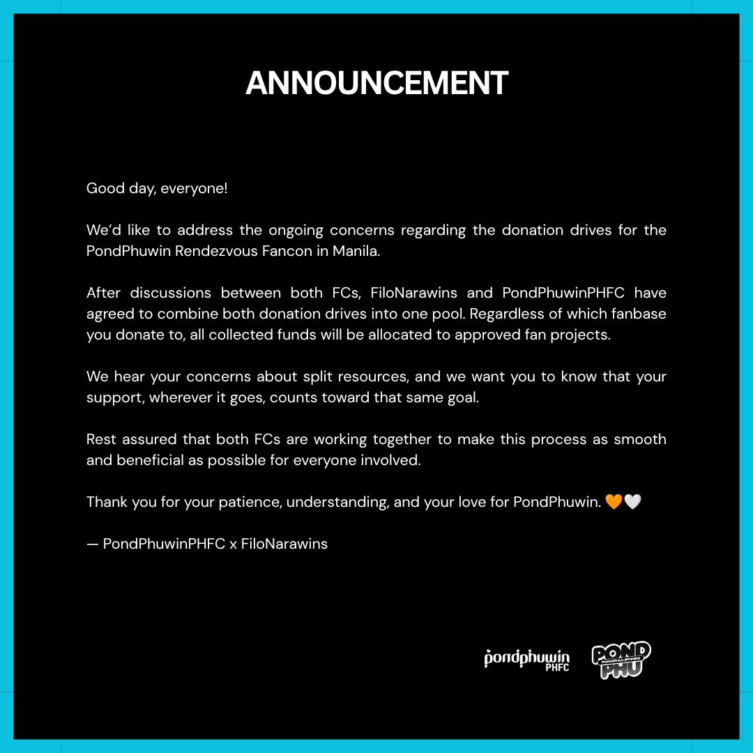 PondPhuwinPHFC's tweet photo. Project Collaboration Announcement

This project will be carried out as a collaboration between our teams. Funds collected through both donation drives will be pooled together to support the project’s expenses and activities.

Thank you for your continued support of us and @FiloNarawins. We’re excited to bring this project to life for the fandom and the artists we all love. We appreciate everyone’s trust and generosity, and we look forward to sharing more updates soon.🤍🧡

#PondPhuwinRendezvousInPH
#PondPhuwinPHFC #PondPhuLippines