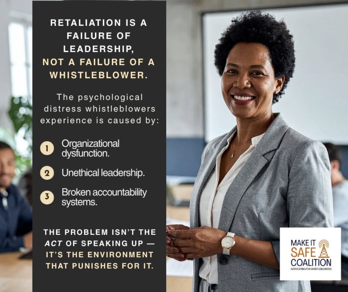 makeitsafe's tweet photo. Retaliation against a whistleblower is a failure of LEADERSHIP! Psychological distress endured by whistleblowers is caused by environments that PUNISH for speaking up
#WhistleblowerProtection #defendthemessenger #whistleblowers #ExposeTheTruth #whistleblowerretaliation https://t.co/iqTr0XP04v