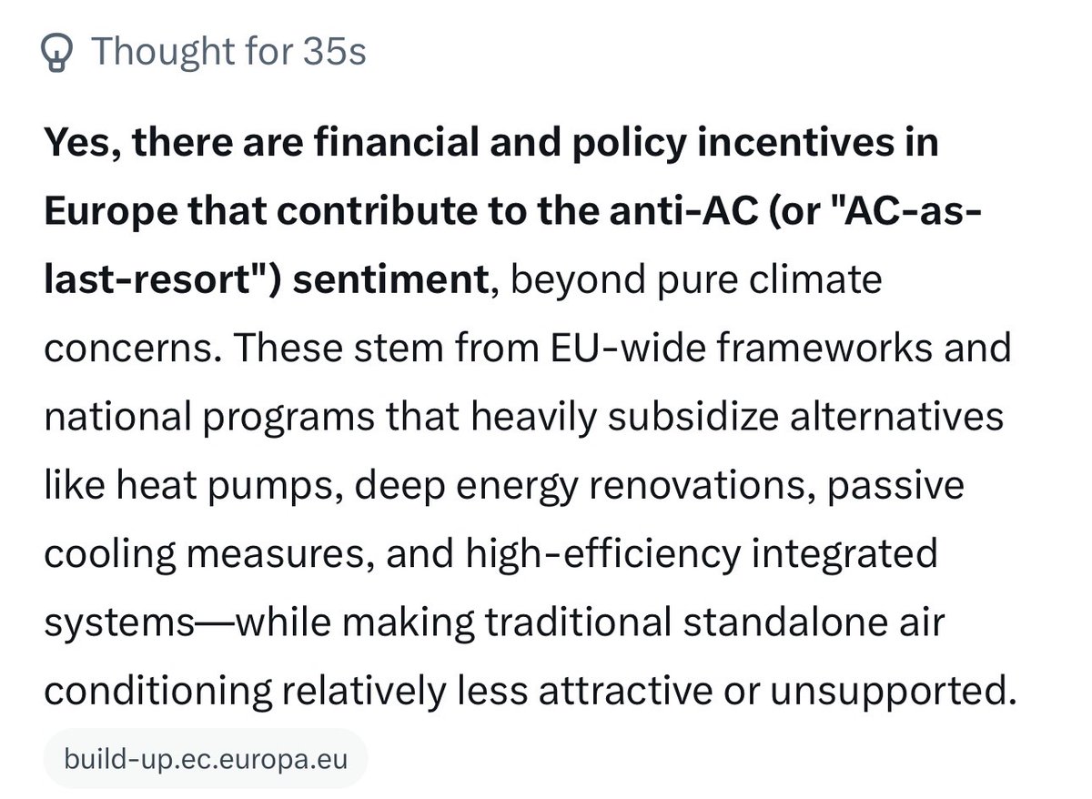 Kwebbelkop's tweet photo. There are financial incentives for large corporations to push this sentiment. You should look into this, it very clearly shows you who’s financially benefitting from there not being A/C in EU, and who’s most likely paying for these media campaigns. 

Example: Heatpumps really do not work well enough to cool a home. But installing them is heavily subsidized and improves your ‘energy label’ It honestly doesn’t do anything but the homeowners benefit from a better label and the installers get subsidized for buying and placing it. This isn’t the case for A/C which does a way better job, but consumes 3-4x as much power.