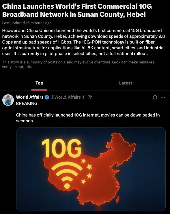 Zeeko__Sol's tweet photo. This is fucking huge...

China have just launched the Worlds first ever 10G broadband network... 

This news has gone viral today and will definitely get an Elon interaction...

https://t.co/insptARwGQ

$10G https://t.co/iNmDssXUgA