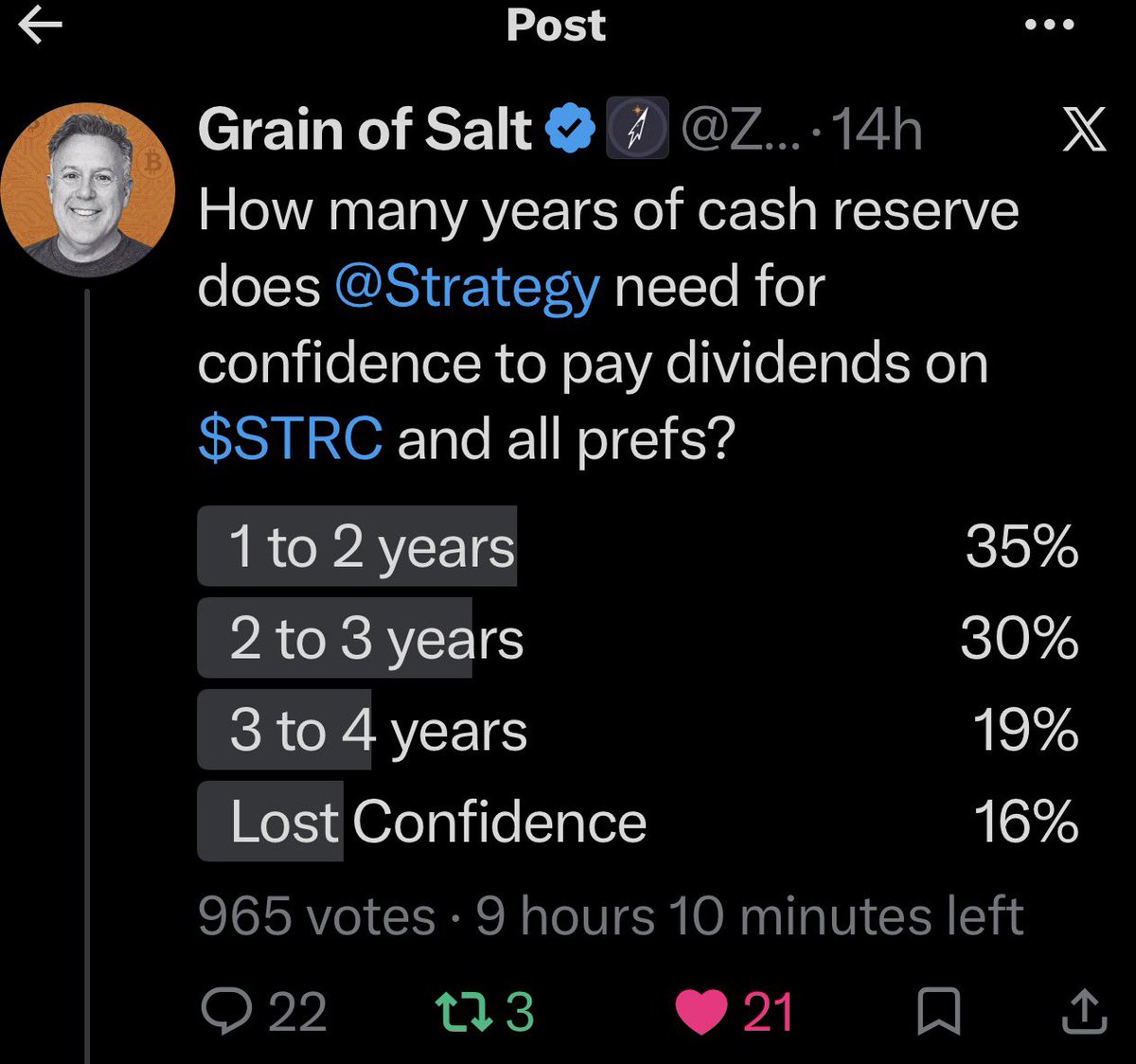 GrainofSaltSF's tweet photo. @JohanMBergman @ChrisMMillas I didn’t have a 4+ year choice, but simplistically 49% say 2-4 years. Restoring confidence with $3.4 to $5B in cash could be very effective quickly even with a drop of 4%+ in BPS. https://t.co/LaRETwcoOc