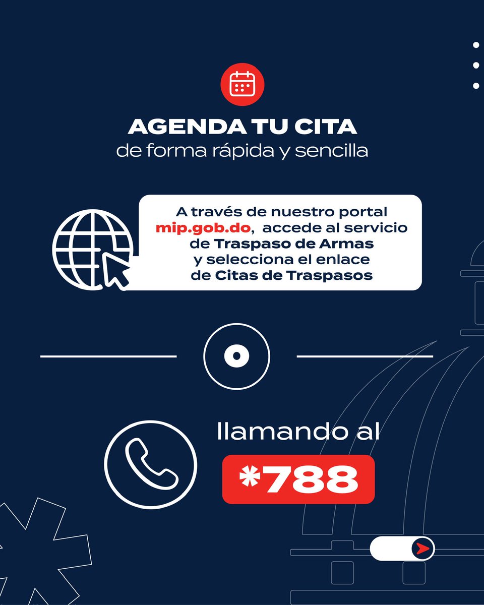 MinInteriorRD's tweet photo. 📍Nuestras regionales Norte y Este cuentan con el servicio de Traspaso de Armas de Fuego.

Puedes completar todo el proceso en un solo lugar, sin necesidad de trasladarte a Santo Domingo.

Conoce los pasos para agendar tu cita y realizar este trámite de manera más fácil y eficiente.

📞 Para más información, llama al *788.

#InterioryPolicíaRD