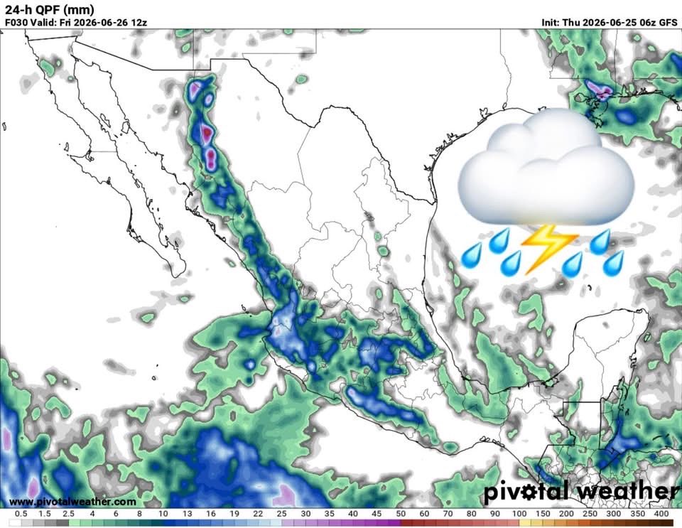 InfoMeteoro's tweet photo. ✅PRONÓSTICO JUEVES 25/JUNIO/2026 

“Efectos de #PolvoDelSahara, anticiclón y ondas tropicales generando zonas de lluvias y calor…”

⛈️LLUVIAS Y TORMENTAS C/GRANIZO

🔴LAS MÁS INTENSAS🔴
-Gro, EdoMex, Mich, Jal, Nay y Sierra Madre Occidental

🟡EVENTOS AISLADOS FUERTES
-QRoo, Yuc, Camp, Tab, Chis, Ver, Oax, Pue, Tlax, Mor, CDMX, Col, Hgo, Qro, Gto, SLP, Tamps, NL

🌡️AMBIENTE DIURNO☀️
🔥41-45ºC BC, BCS, Son, Sin, Chih, Coah, NL, Tamps, Yuc, Camp, Mich, Gro
🥵36-40ºC noroeste, norte, noreste, oriente, sureste 
🥵28-35ºC Pacífico sur
😅15-28ºC todo el Altiplano (Bajío-centro)

⚠️🌬️RÁFAGAS DE VIENTO km/h
35-60 estados del norte, centro, sureste, siendo mayores en zonas de tormenta