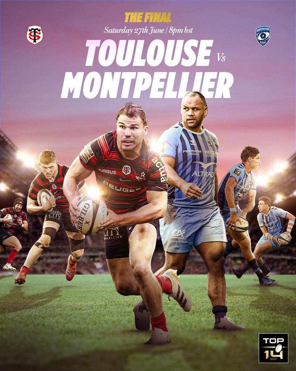 FloRugby's tweet photo. Toulouse and Montpellier square off in a blockbuster Top 14 Grand Final this weekend. Immortality is on the line! 🇫🇷🏆 @top14rugby 

📅 Saturday, June 27 
⏰ 3:00 PM ET 
📺 Live on FloRugby

Who takes the crown? 

#Top14 #frenchrugby https://t.co/yqYx4NyYIE