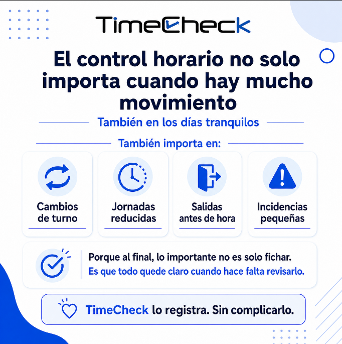 apptimecheck's tweet photo. No todos los días son de máxima actividad, pero todos necesitan un registro claro.

Entradas, salidas e incidencias que tienen que quedar en su sitio, haya más o menos movimiento.
Porque el control horario no va solo de grandes cifras.

TimeCheck lo registra.

Sin complicarlo. https://t.co/hrAgAVHpn5
