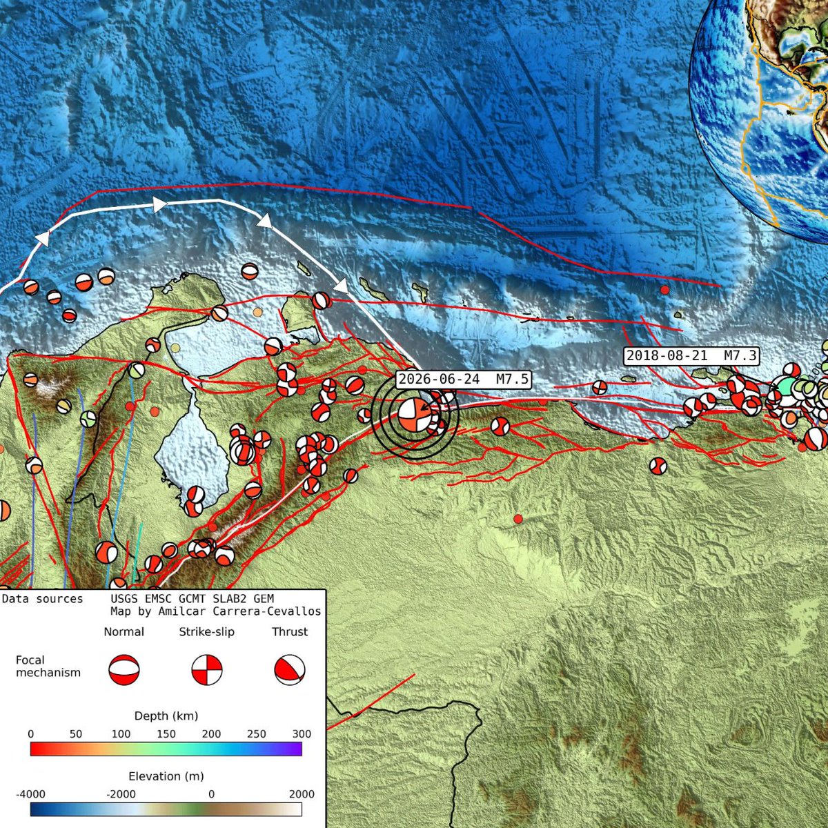 mondoterremoti's tweet photo. Il #terremoto di M 7.5 di stanotte è il più forte ad aver colpito questa zona del #Venezuela da 126 anni, ovvero da quello di M 7.7 che il 29 ottobre 1900 ha colpito Caracas. Le faglie coinvolte sembrano essere le stesse responsabili del (doppio) terremoto di M 7.4 e 7.1 del 1812 https://t.co/RM8FrFvQnh