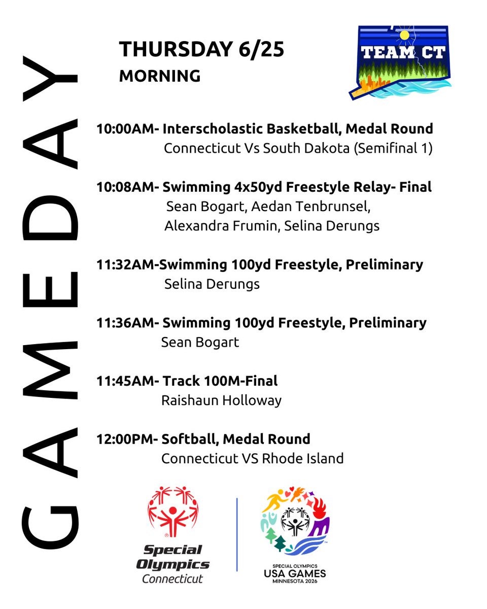 SOCTconnecticut's tweet photo. The schedule is set, the uniforms are on, and Team CT is ready. 💙

Here's Team CT's lineup of events for today! Tune in as our athletes take on the national stage and create more champion moments. 🏅 @2026USAGames #TeamCT #CallingAllChampions #choosetoinclude #2026USAGames https://t.co/C9dCTsW8CB