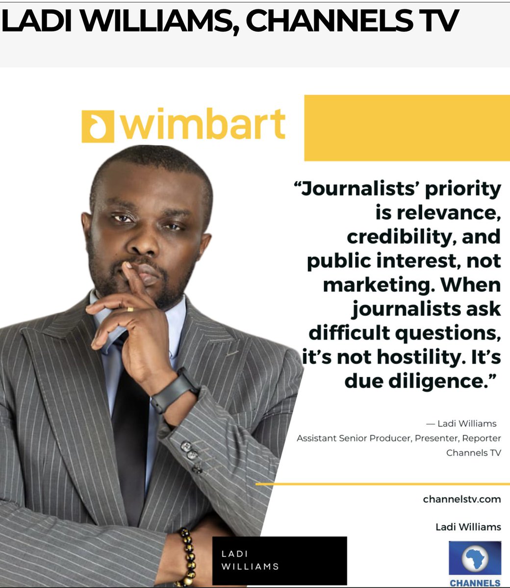 Wimbart's tweet photo. "For too long, global headlines about Africa have focused on crisis rather than capability. Showcasing young, growing companies shifts the story from aid to innovation."

In our latest #WimbartJournoSeries, we're spotlighting Mr Steeze himself, @Ladiwilliams, Assistant Senior Producer, Presenter and Reporter at Channels TV.

From exclusive reports on shea nut exports to tracking how news shapes markets, Ladi shares his journey and insights on:
💡 Why founders should see tough questions as due diligence, not hostility
🤖 How AI is expanding storytelling possibilities in the newsroom
🌍 Why Africa's young population will drive a major mindset shift

Read the full interview 👉🏽 https://t.co/PhPkTzz8Ti 

#AfricanTech #SpotlightSeries
