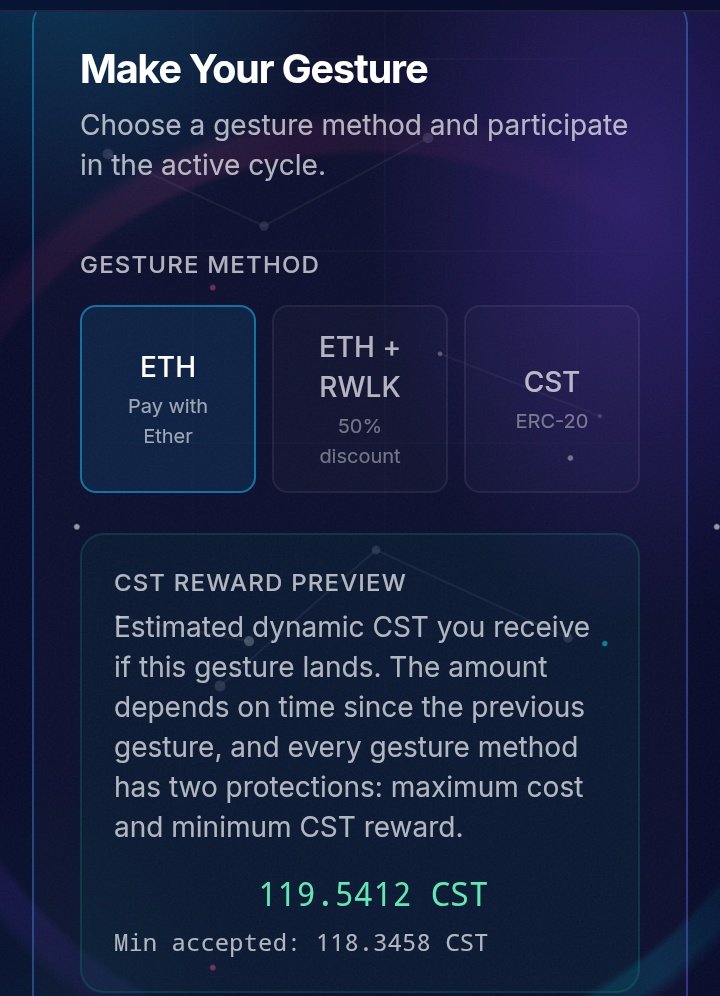 Emijex's tweet photo. I was a bit lost on the CST pricing but not anymore 

A lot of people see the CST gesture price and assume that's the full amount they're paying. It's not.

Here's how to calculate the real cost of your CST gesture:

🟢 Step 1: Check the Current CST Gesture Price at the top of the dashboard.

🟢 Step 2: Check the CST Reward Preview inside the "Make Your Gesture" box.

🧮 Formula:

Actual CST Gesture Cost = Current CST Gesture Price − CST Reward

Example:

• Current CST Price: 133 CST • CST Reward: 119 CST • Actual Cost: 14 CST

The reward immediately reduces your effective cost, so don't judge the price by the headline number alone.

Before every CST gesture, take a few seconds to do the calculation. Knowing your true cost helps you make better decisions throughout the cycle.

@CosmicSignature Every informed gesture is a smarter gesture. 

https://t.co/cELZBbmsYh

 #CosmicSignature #CST #ETH #Web3