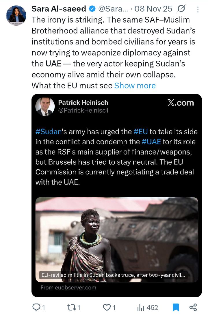 EliasAmare's tweet photo. Sara Al-saeed, @SaraWilkin92, the #UAE's propagandist masquerading as Horn of #Africa expert, who whitewashes the Emarati-financed #genocide that's being committed in #Sudan by the #RSF-#Janjaweed terrorist militia forces, has no moral authority to speak about sovereign #Eritrea. https://t.co/Zlbboh0GLT
