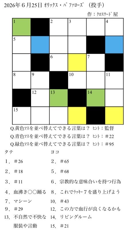 Obesum21's tweet photo. 本日はオリックス・バファローズ(投手)です。
オリックスといえば最近タモンズ安部さん。最近「オリの晩酌」の更新が減ってて淋しい。
#Bs2026 #クロスワード https://t.co/MbPucMVMrd