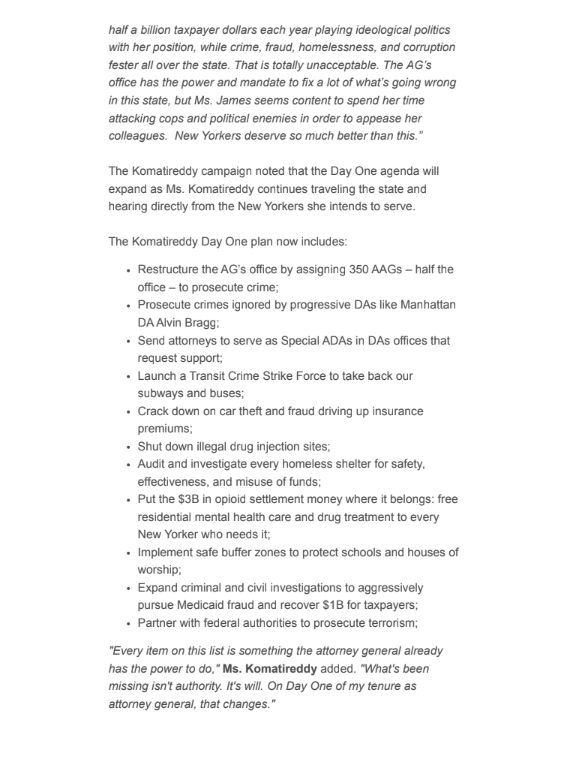 sarithaforny's tweet photo. I released my Day One agenda for the Attorney General's office.

New Yorkers don't need another politician chasing headlines. They need a prosecutor who will fight crime, stop fraud and corruption, take back our subways, crack down on repeat offenders, and humanely get the homeless and mentally ill the treatment they need.

Everything in this plan is within the Attorney General's power. What's been missing isn't authority—it's leadership.

On Day One, that changes.