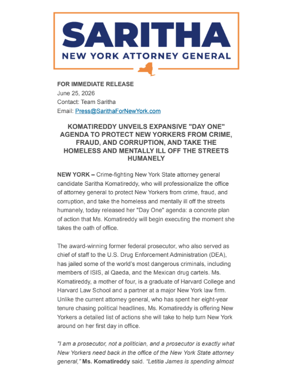 sarithaforny's tweet photo. I released my Day One agenda for the Attorney General's office.

New Yorkers don't need another politician chasing headlines. They need a prosecutor who will fight crime, stop fraud and corruption, take back our subways, crack down on repeat offenders, and humanely get the homeless and mentally ill the treatment they need.

Everything in this plan is within the Attorney General's power. What's been missing isn't authority—it's leadership.

On Day One, that changes.