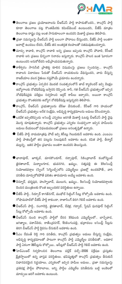 Nallabalu1's tweet photo. HMR సంస్థ సంచలన సర్వే 🔥

'తెలంగాణ పబ్లిక్ పల్స్-2026' HMR సంస్థ  నిర్వహించిన తాజా సర్వేలో

​బీఆర్ఎస్ - 70 సీట్లు
​కాంగ్రెస్ - 36 సీట్లు
​బీజేపీ - 05 సీట్లు
​ఇతరులు - 08 సీట్లు

అభివృద్ధికి మారుపేరుగా నిలిచిన కేసీఆర్ గారి పాలన మళ్ళీ రావాలని తెలంగాణ ప్రజలు బలంగా కోరుకుంటున్నారని. ప్రస్తుత కాంగ్రెస్ ప్రభుత్వ వైఫల్యాల వల్ల మంత్రులు పొన్నం ప్రభాకర్, వివేక్ వెంకటస్వామి, తుమ్మల నాగేశ్వరరావు, సీతక్క మరియు అడ్లూరి లక్ష్మణ్ తమ నియోజకవర్గాల్లో ఓటమిని ఎదుర్కోక తప్పదని ఈ సర్వే స్పష్టం చేస్తోంది. ఈ ఫలితాలను బట్టి తెలంగాణలో మళ్ళీ కేసీఆర్ గారి ప్రభంజనం మొదలైందని, రాబోయే ఎన్నికల్లో బీఆర్ఎస్ పార్టీ ఘనవిజయంతో అధికార పగ్గాలు చేపట్టడం ఖాయమని స్పష్టమవుతోంది. 🚗✌️

జై తెలంగాణ 
జై కేసీఆర్ 

#KCROnceAgain