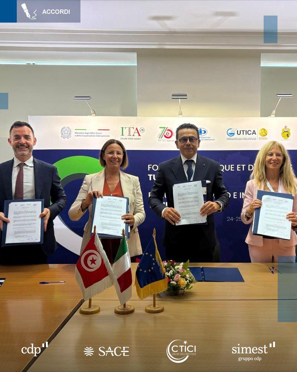 SIMEST_IT's tweet photo. Nel corso del Business Forum Italia-Tunisia, svoltosi a Tunisi alla presenza del Vice Presidente del Consiglio e Ministro degli Affari Esteri e della Cooperazione Internazionale, @Antonio_Tajani, @SIMEST_IT, @GruppoCDP, @SACEgroup e la Camera Tuniso-Italiana di Commercio e Industria hanno sottoscritto un Protocollo d’Intesa volto a rafforzare il sostegno all’internazionalizzazione delle imprese italiane interessate a operare in Tunisia.

Il Protocollo è stato firmato dall’Amministratore Delegato di #SIMEST, Regina Corradini D’Arienzo, dal Responsabile Sviluppo Mercati Internazionali di CDP, Laurent Franciosi, dalla Responsabile Relazioni Istituzionali di SACE, Paola Valerio, e dal Presidente della @CTICI1 , Mourad Fradi.

L’accordo mira a rafforzare le relazioni economiche tra i due Paesi promuovendo iniziative congiunte e attività di formazione, favorendo l’accesso agli strumenti finanziari e assicurativo-finanziari a supporto dell’export e degli investimenti. Oggetto dell’intesa è inoltre la valorizzazione delle filiere produttive italiane.
L’iniziativa conferma l’impegno del Sistema Italia nel promuovere la crescita internazionale delle imprese italiane e nel rafforzarne la competitività sui mercati esteri.

#internazionalizzazione #export #MadeinItaly #25giugno2026