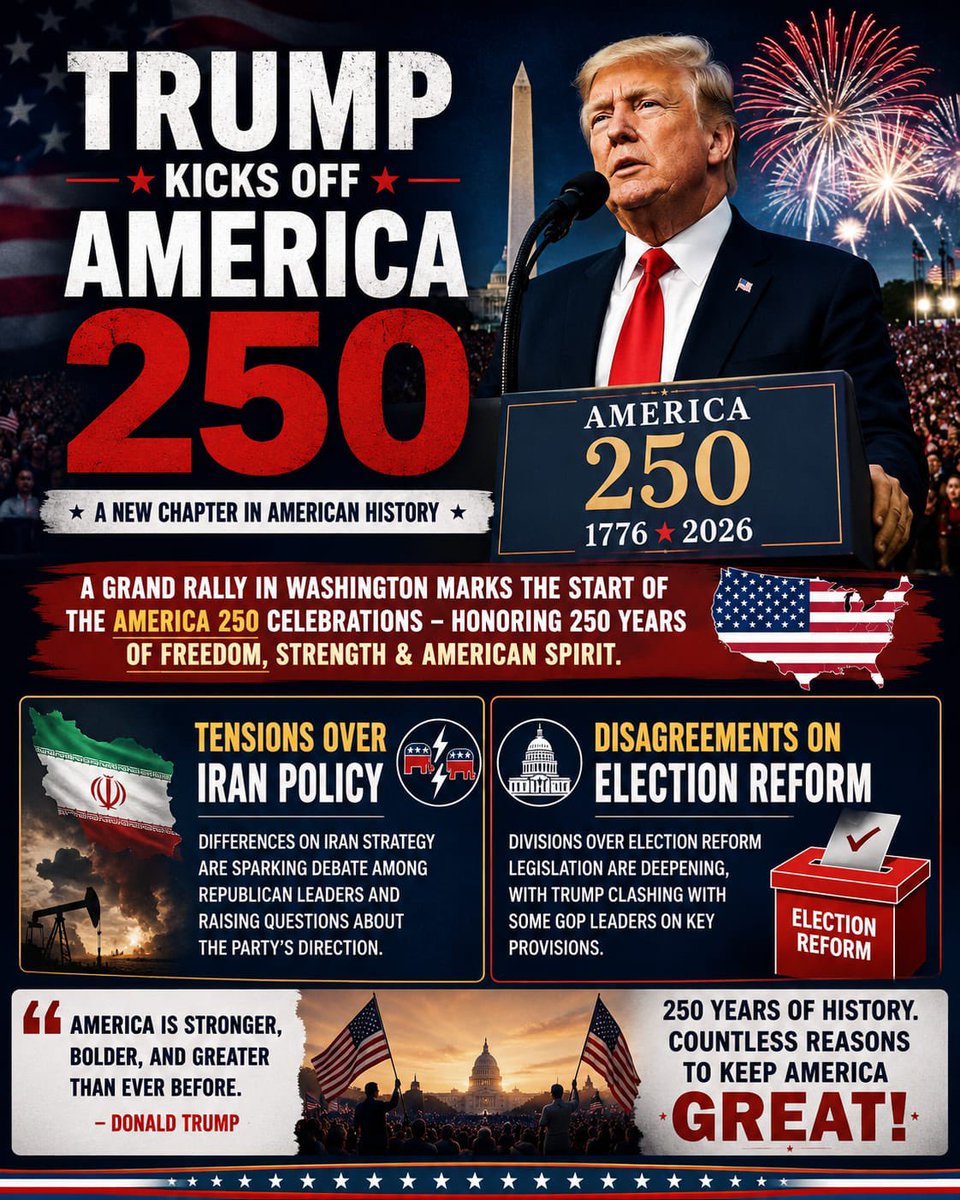 USATrendingHB's tweet photo. 🚨 BREAKING: President Donald Trump kicked off the America 250 celebrations with a major rally in Washington, marking the start of events leading up to the United States' 250th anniversary.

At the same time, disagreements over Iran policy and election reform legislation are creating new tensions within the Republican Party.

🇺🇸 Politics, patriotism, and party divisions are once again putting Trump at the center of America's headlines.

#DonaldTrump #America250 #BreakingNews #USA #Politics #Trump #WashingtonDC