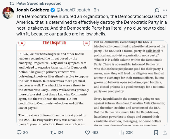 Cavalier1642's tweet photo. If the GOP is a hollow shell, it is because Goldberg and his neocon clique gouged out of it anything that was remotely right-wing.

 But, of course, he is congenitally unable to face this. https://t.co/NkgeRHWJCv