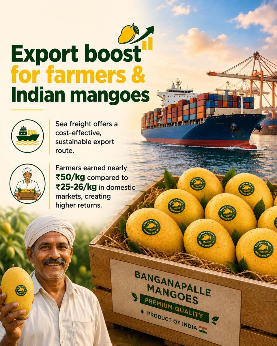 DDIndialive's tweet photo. The first commercial sea shipment of premium Banganapalle mangoes has successfully reached Singapore, opening new opportunities for Indian farmers and exporters.
#BanganapalleMango #IndianMangoes #MangoExport #APEDA #IndiaExports #AgricultureIndia #FarmersOfIndia #AgriExports #MadeInIndia #GlobalTrade #IndianAgriculture