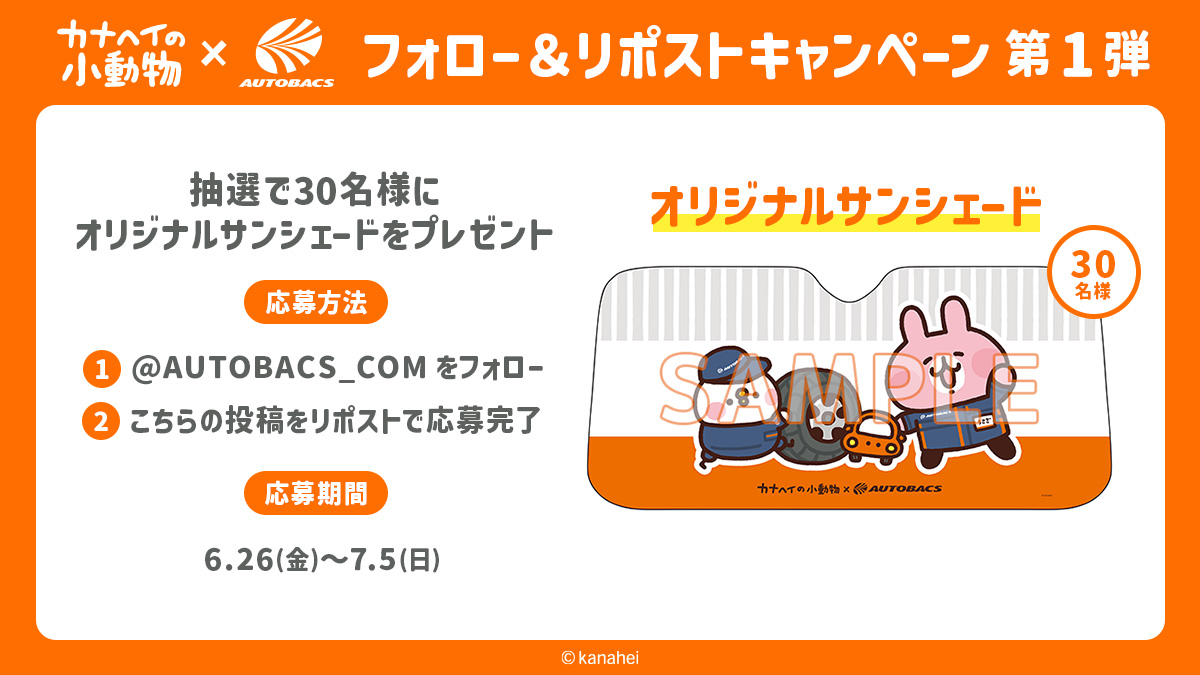 AUTOBACS_COM's tweet photo. #カナヘイの小動物 × #オートバックス のコラボに先駆けてリポストキャンペーン開催決定🚗✨

■応募方法
① @AUTOBACS_COM をフォロー
② こちらの投稿をリポストで応募完了
③ 抽選で30名様にオリジナルサンシェードをプレゼント！

応募期間
第1弾：6/26(金)〜7/5(日)

たくさんのご応募お待ちしております！✨

コラボ情報はこちら
https://t.co/3Xg8EgObqj

#ピスケとうさぎ