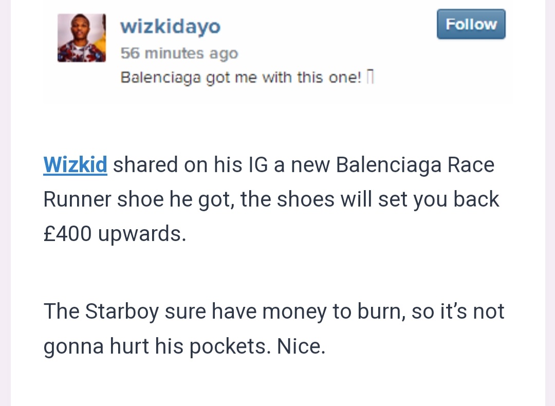 WizkidtheLegend's tweet photo. Yes boss, You're damn right. Wizkid got nigggas like me, saving up to own  Balenciaga race runner sneakers as far back as 2015. Both yellow and white lines. He wore it in Expensive sh!t video as well. His influence is beyond music. Wizkid is a culture! https://t.co/tNQqb7puNQ