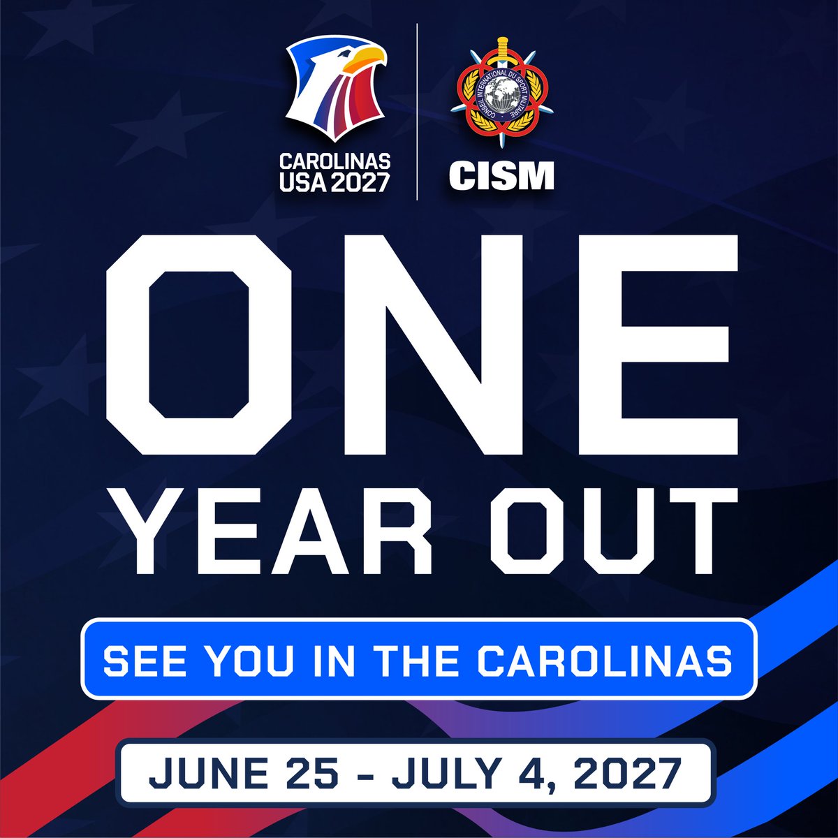 CISM_HQ's tweet photo. One year to go

Today marks the official countdown to the 2027 CISM Military World Games, taking place in the Carolinas, USA 🇺🇸, from 25 June to 4 July 2027.

In one year’s time, more than 10,000 military athletes from around the world will come together to compete and connect. https://t.co/PIRMEdIYc7