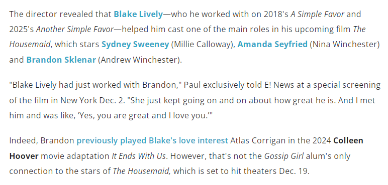 BlakeLivelyLies's tweet photo. Brandon Sklenar is also a liar.

In the first clip, Brandon explains how Blake Lively got him the role.

In the 2nd clip, he changes his story and says Sidney Sweeney, whom he'd never met, got him the role.

Paul Feig confirmed it was Blake.

https://t.co/0gLdTW3uMz https://t.co/QCUEwn31H0