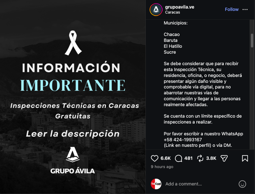 victoramaya's tweet photo. Ingenieros y constructores comienzan a ofrecer asistencias para evaluar daños de infraestructuras y habitabilidad. El Grupo Ávila organizará visitas de inspección técnica. En X algunos usuarios ofrecen evaluaciones preliminares con fotos y videos al DM. https://t.co/43HYoBCLYX