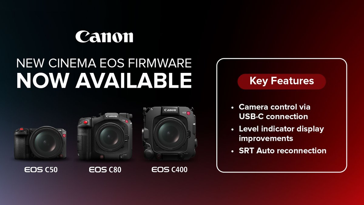 CanonUSApro's tweet photo. New firmware is now available for the EOS C400, EOS C80, and EOS C50.

This update introduces new workflow enhancements, including USB-C camera control, improved level indicator visibility, and SRT auto-reconnection.

Learn more: https://t.co/NUDqdYBVC5 https://t.co/4b5XKdOtlo