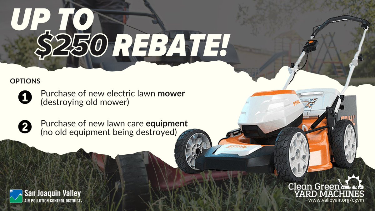 ValleyAir's tweet photo. Ready to upgrade your lawn care routine? Replace your gas-powered lawnmower with an electric model and enjoy cleaner air, less noise, and lower emissions. Visit https://t.co/1ersQZFhCA to learn more. https://t.co/paJm9u7vLS