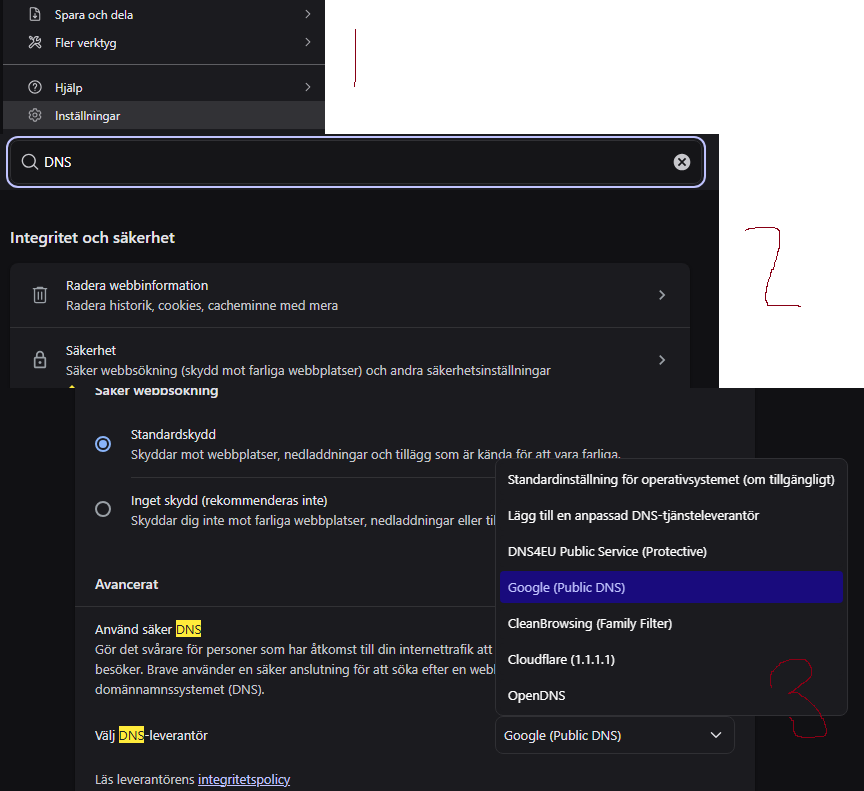 Sebbyz's tweet photo. För er som vill kolla Fawanews (För den är fortfarande aktiv). Däremot så är det blockat helt verkar det som om du använder Tele2 tyvärr.

Skaffa "Brave Browser" (Dator/Telefon) och ändra DNS till Googles (Se bild för dator).

Då ska det nog funka igen. https://t.co/saBh8eJeKm