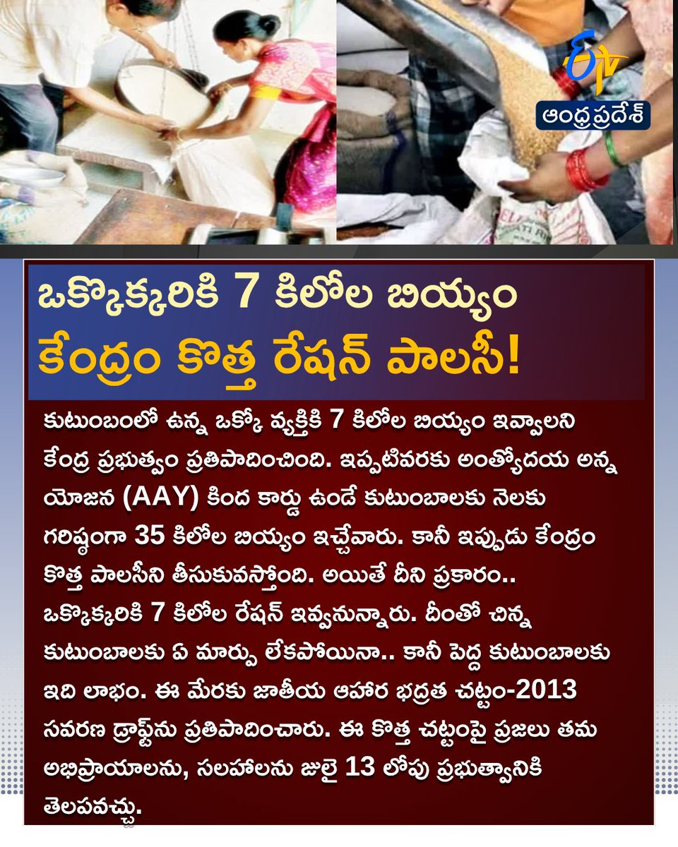 etvandhraprades's tweet photo. ఒక్కొక్కరికి 7 కిలోల బియ్యం
కేంద్రం కొత్త రేషన్ పాలసీ!
#AAY #RationPolicy #etvdigital https://t.co/2RrOrEg02M