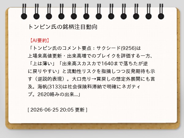 wolfmuratafan's tweet photo. トンピン氏の銘柄注目動向(2026年06月25日)

9256 サクシード
　　★★★★★  [Post 6/RP 1]
7352 ＴＷＯＳＴＯＮＥ＆Ｓｏｎｓ
　　★★★★  [Post 2/RP 3]
8628 松井証券
　　★★  [Post 0/RP 2]
3133 海帆
　　★★  [Post 1/RP 0]

#トレーダーウォッチ 詳細はプロフから🔗 https://t.co/6MtvBbS8I6