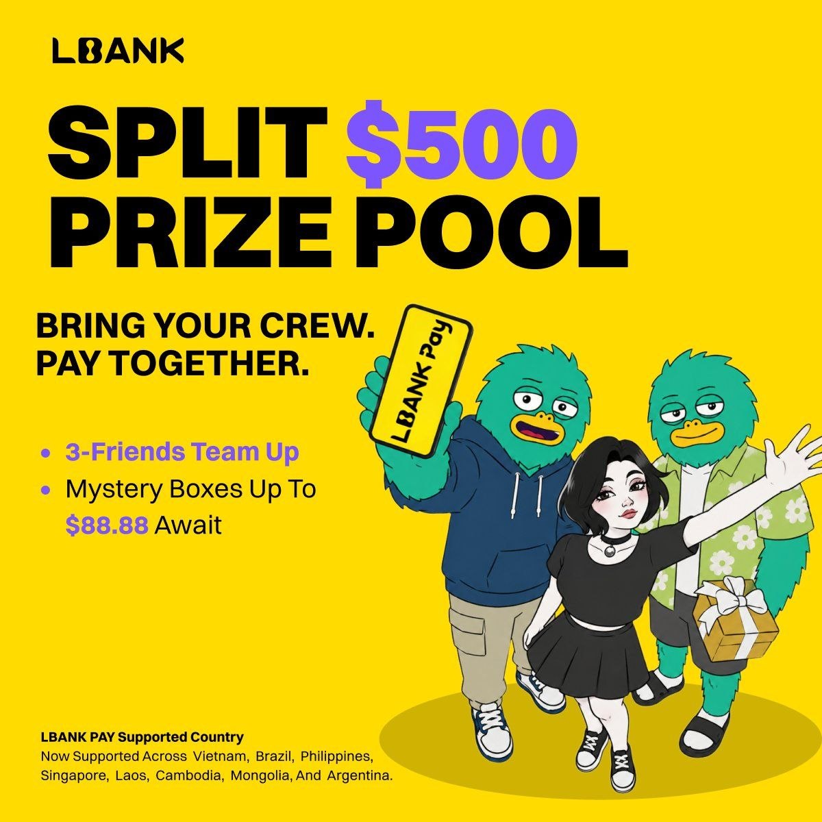 LBankPT's tweet photo. 💥 REÚNA SUA EQUIPE. PAGUEM JUNTOS.
🏆 Compartilhe um prêmio extra de US$ 500

💰 Prêmio de Equipe de US$ 300 + Prêmio de Líder de US$ 200
📲 Participe → Cite este tweet + #LBankPay #TeamToWin + @LBank

🔗 Junte-se à sua equipe e participe: https://t.co/udAAyPpJ9R

🚪 Envie sua inscrição aqui:  https://t.co/CHhXGYJn8s

👥 Forme uma equipe de 3 pessoas e desbloqueie Caixas Misteriosas de até US$ 88,88 juntos!
💳 Cada membro deve completar ≥1 transação de pagamento LBank Pay de ≥10 USDT

🌏 Disponível em: Vietnã, Brasil, Filipinas, Singapura, Laos, Camboja, Mongólia e Argentina

📌 Twitter: https://t.co/BrRzflpdO3

Unir. Pagar. Ganhar. 🎁
