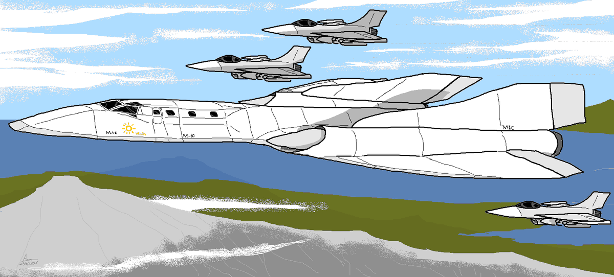 arceon888's tweet photo. Nostra Worldbuilding

The RS - 80 " Helios " flying a sortie with four C-6 Rooster fighter aircraft

Flying over the mountain pass of the Oropan alps with the Yunamer in the background. A lovely photo to go on any armchair general's desk in a portrait frame. https://t.co/3W7IGRYQGK