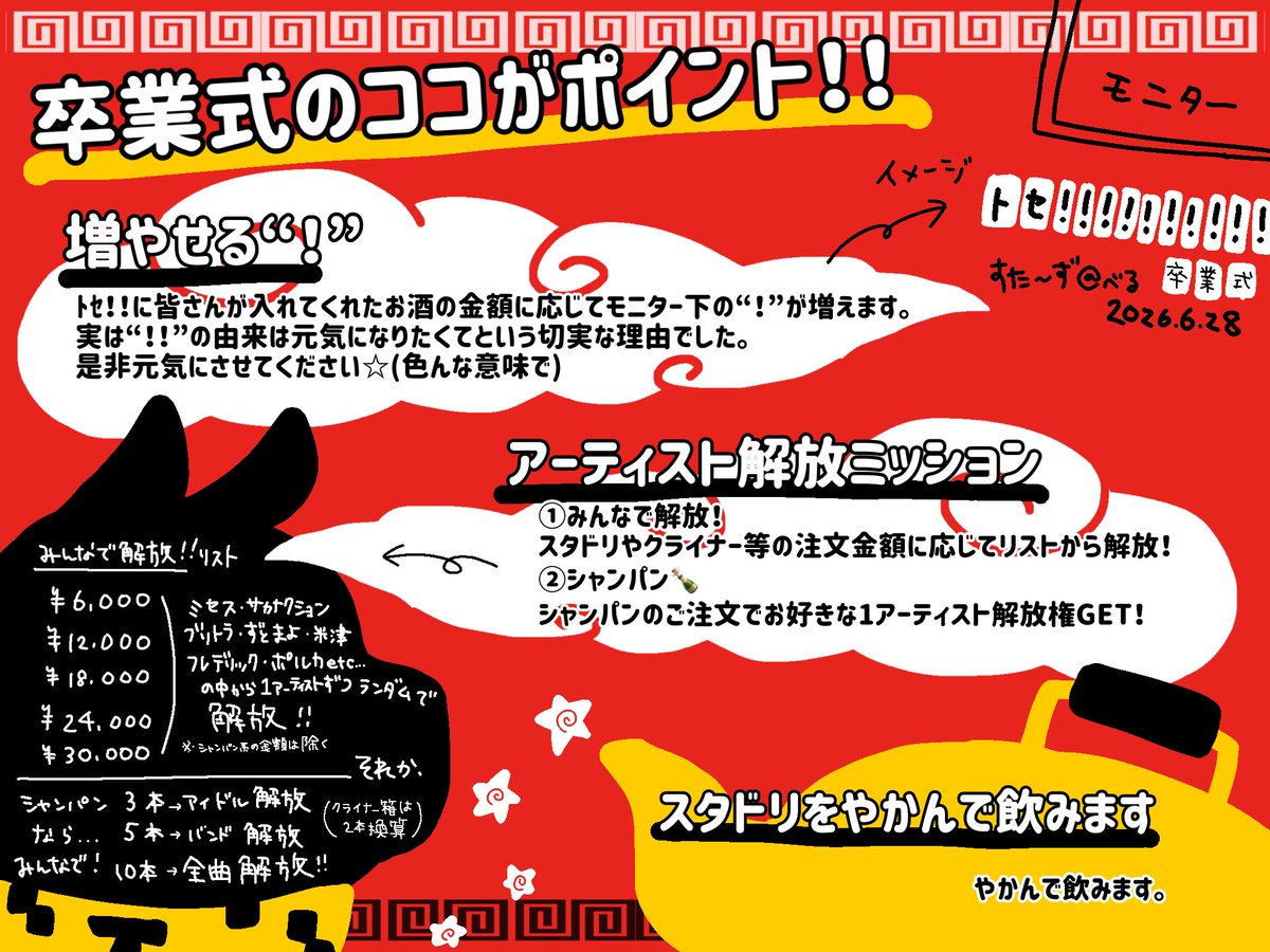 tose_stars510's tweet photo. 当日のイベント内容です！

増やせる「！」やアーティスト解放など遊べるものを用意してます！！
ステッカーも是非ゲットしてください〜

曲リストやアーティスト解放ミッションの詳細等はまた追って投稿します！ https://t.co/3Fo56C1Cco