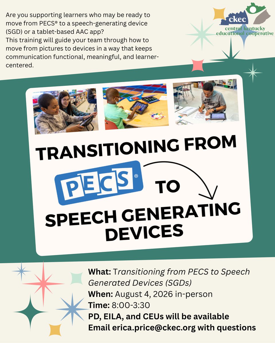 CKYEC's tweet photo. This training will provide you with practical information for helping learners successfully transition from The Picture Exchange Communication System® (PECS®) to Speech Generating Devices (SGDs). https://t.co/QelJ1ib5HB