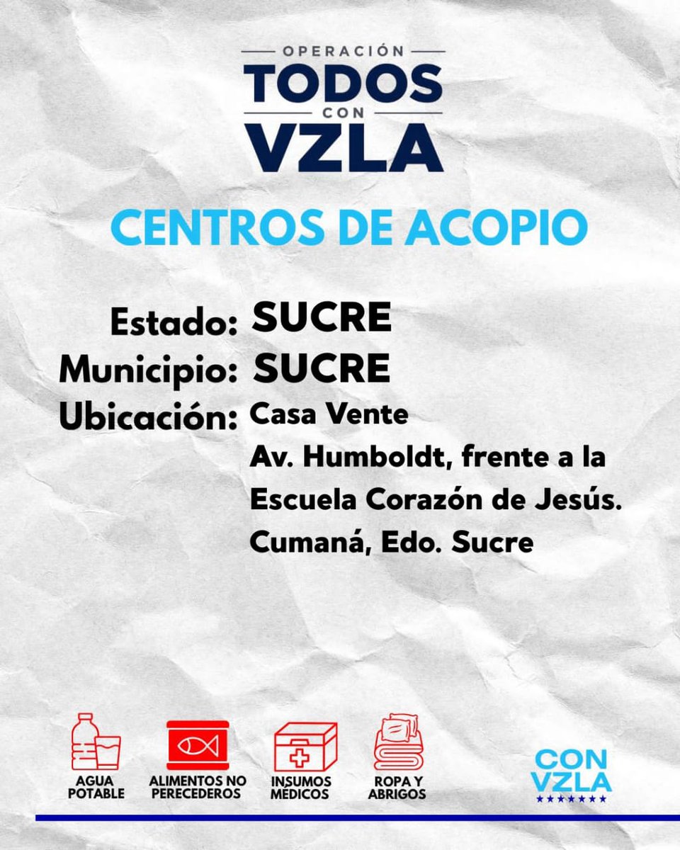 VenteSucre's tweet photo. En Cumaná, Edo. Sucre, nuestros equipos tendrán  un centro de acopio.

📍Municipio Sucre:
Casa Vente - Av. Humboldt, frente a la Escuela Corazón de Jesús.

🔵 Puedes apoyar con: 
Agua, alimentos no perecederos, insumos médicos, ropa y abrigos. 

#TodosConVzla 🙏🏻🇻🇪 https://t.co/UpjtghXMsk
