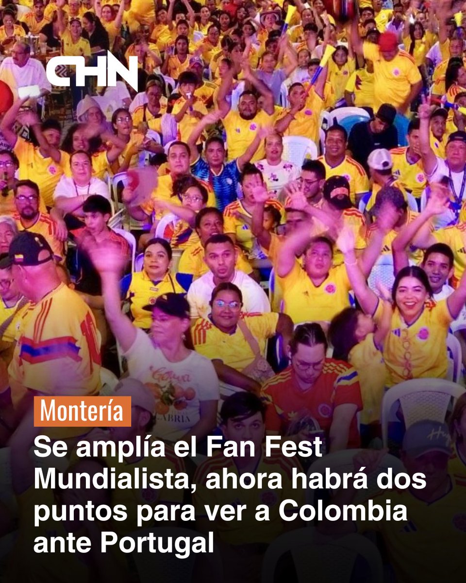 CHICANOTICIAS1's tweet photo. #monteria I La fiebre por la Selección Colombia volverá a tomarse las calles de Montería este sábado. Luego de la multitudinaria asistencia registrada durante el encuentro frente a República Democrática del Congo, la Alcaldía confirmó que el Fan Fest Mundialista crecerá y contará con dos puntos de encuentro para vivir el duelo entre Colombia y Portugal.

Desde las 4:00 de la tarde, los aficionados podrán reunirse en la Plaza María Varilla y en la avenida Primera, entre las calles 26 y 29, donde se instalarán pantallas gigantes para seguir uno de los partidos más esperados de la fase de grupos del Mundial. La jornada incluirá música con DJs en vivo, concursos, actividades recreativas, premios, zona gastronómica y venta de bebidas para que las familias disfruten de una experiencia completa.

El alcalde Hugo Kerguelén señaló que la gran respuesta ciudadana durante el primer Fan Fest motivó la decisión de ampliar el evento. Según indicó, el objetivo es que más monterianos puedan compartir la pasión por la Selección Colombia en un ambiente seguro, familiar y lleno de alegría.

Además de reunir a los aficionados al fútbol, el Fan Fest busca impulsar la economía local mediante la participación de emprendedores y comerciantes, consolidando estos espacios como escenarios de integración, recreación y convivencia. La invitación es a vestir la camiseta de Colombia, llegar con anticipación y acompañar al combinado nacional en una nueva tarde de emoción mundialista.

#chn26mundial #chn26mariavarilla

@monterialcaldia @kerguelenhugo
